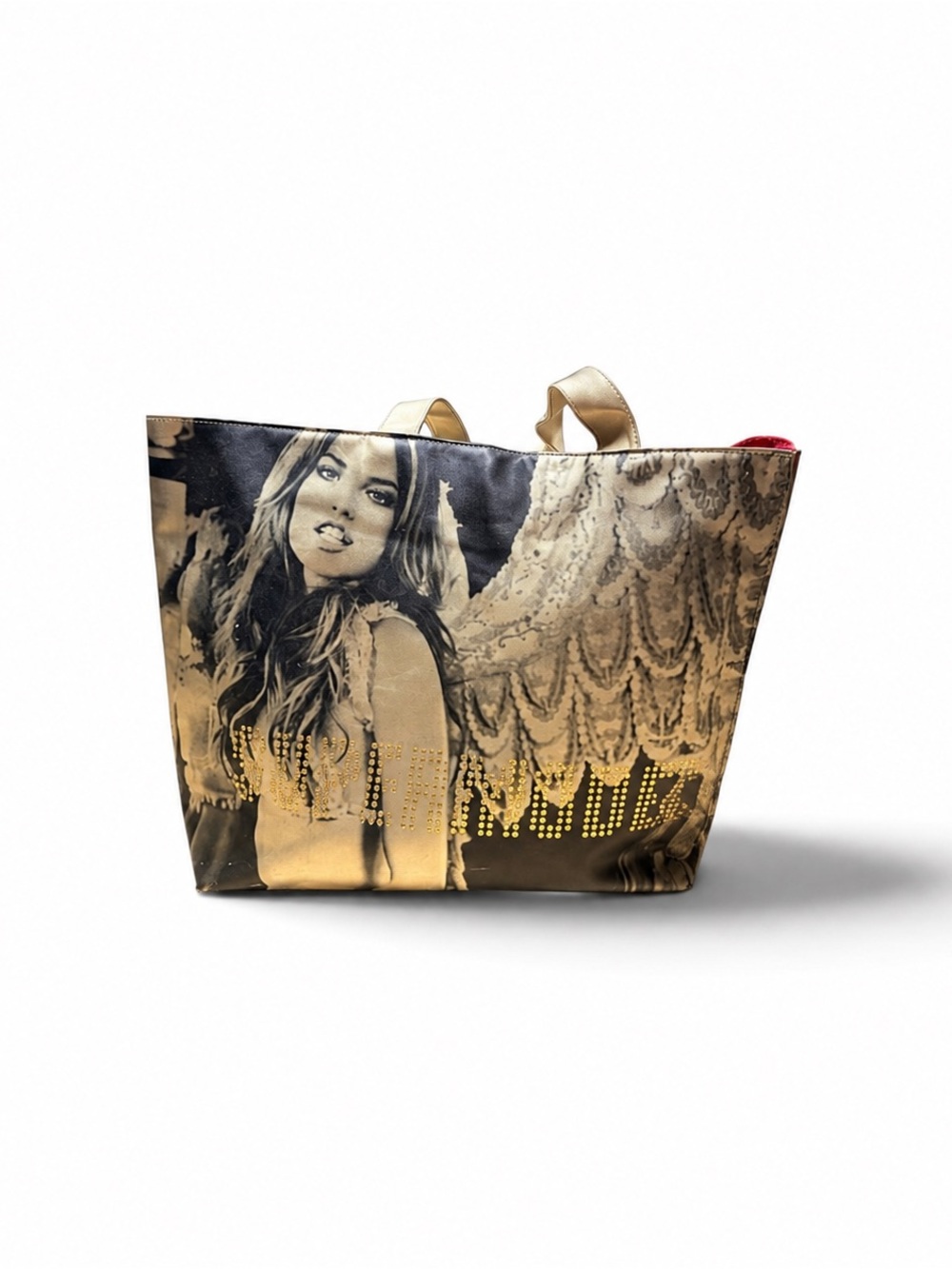 Large Metallic Gold Graphic Woman Rhinestone Stud Fashion Tote Bag